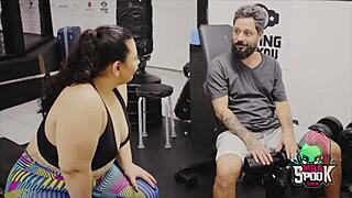 Fat teen slut sits on old mario's huge cock instead of workout