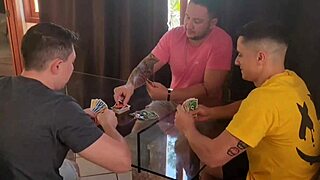 hubby calls friends for cards but i fuck all three instead