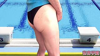 Crossdressing slud masturbates and ejaculates inside women's swimsuit club uniform