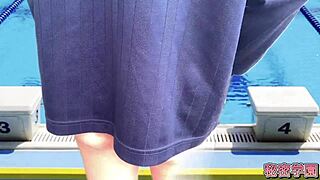 Crossdressing slud masturbates and ejaculates inside women's swimsuit club uniform