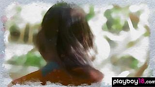 Hot ebony Brookliyn Wren shows shaved pussy and huge natural tits downblouse striptease outdoors naked.