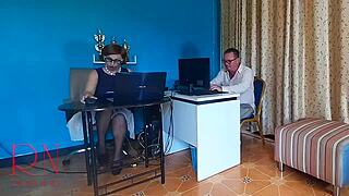 Boss lady dominates employee licks pussy office femdom humiliation