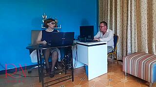 Boss lady dominates employee licks pussy office femdom humiliation