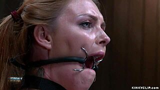 shackled slut chokes on cock gagged in red stockings agony