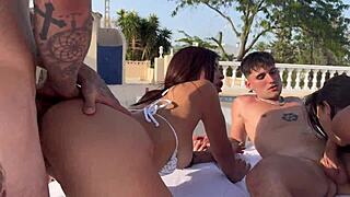 whoa these two hot sluts take a wild gangbang with double penetration at the pool 🔥💦