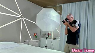 fat ass tranny julia alves kneels to deep suck photographer's throbbing cock