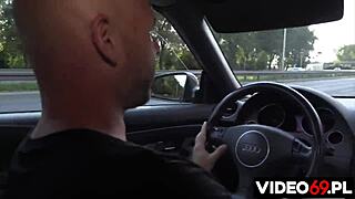 slut wife takes double anal penetration deepthroat in car with stockings gangbang