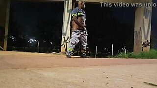 Black uniform fetish babe masturbates wet pussy on street voyeur style