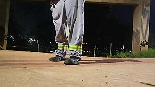 Black uniform fetish babe masturbates wet pussy on street voyeur style