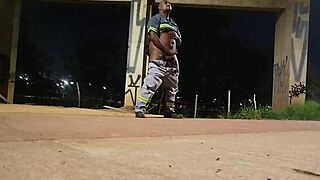 Black uniform fetish babe masturbates wet pussy on street voyeur style