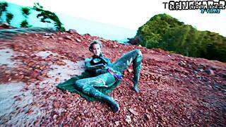 teasing my tight asshole with dildo outside... gonna piss soon 😩🍑🔥