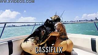 Latina rides tattooed cock on boat till creampie fills her