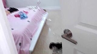 guy spies petite stepsis masturbating then fucks her shaved pussy