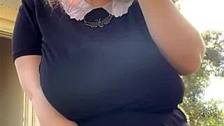 curvy alt milf with huge natural tits smokes in thong outdoors