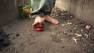 ranch girl squashes tomatoes barefoot teasing toes in country dirt asmr