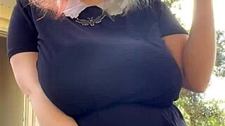 curvy alt milf with huge natural tits smokes in thong outdoors