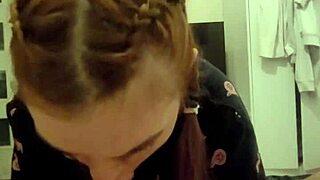 Redhead roommate grabs my cock deepthroats it fully then i cum in her mouth as she spits it back on my dick close up