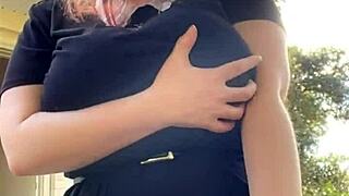 curvy alt milf with huge natural tits smokes in thong outdoors