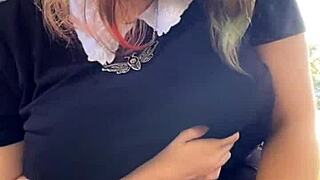 curvy alt milf with huge natural tits smokes in thong outdoors