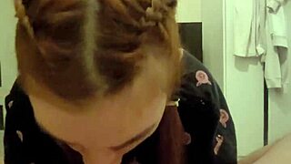 Redhead roommate grabs my cock deepthroats it fully then i cum in her mouth as she spits it back on my dick close up