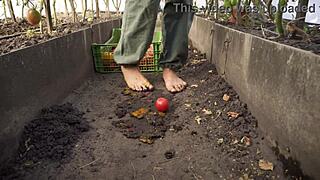 ranch girl squashes tomatoes barefoot teasing toes in country dirt asmr