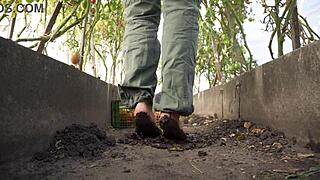 ranch girl squashes tomatoes barefoot teasing toes in country dirt asmr