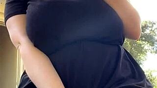 curvy alt milf with huge natural tits smokes in thong outdoors