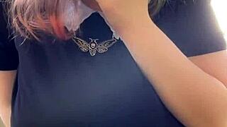 curvy alt milf with huge natural tits smokes in thong outdoors