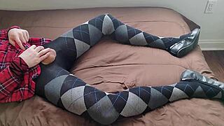 Shemale in Plaid Dress Jerks Monster Cock in Argyle Tights While Crossdressing