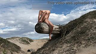 Nude fitness babe teases cock at beach then cums publicly in plaza