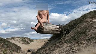 Nude fitness babe teases cock at beach then cums publicly in plaza