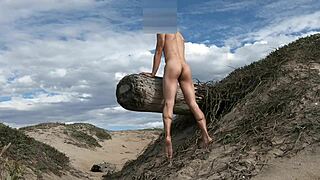 Nude fitness babe teases cock at beach then cums publicly in plaza