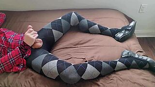 Shemale in Plaid Dress Jerks Monster Cock in Argyle Tights While Crossdressing