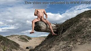 Nude fitness babe teases cock at beach then cums publicly in plaza