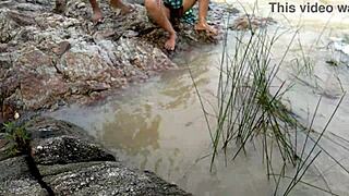 stepmom by the river in jungle waits for outdoor thrill while husband watches her bent over assfucking