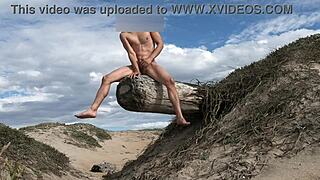 Nude fitness babe teases cock at beach then cums publicly in plaza