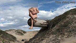 Nude fitness babe teases cock at beach then cums publicly in plaza