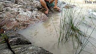 stepmom by the river in jungle waits for outdoor thrill while husband watches her bent over assfucking