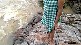 stepmom by the river in jungle waits for outdoor thrill while husband watches her bent over assfucking