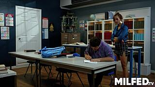 Milf teacher seduces muscular student for taboo classroom pussy lick and fuck