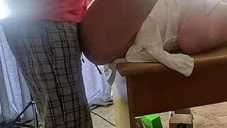 amateur big ass babe gets fucked hard on office desk close up with huge cumshot