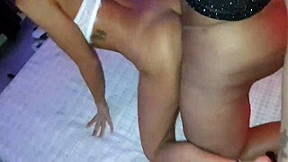 Slut wife rides shemale cock cowgirl while husband watches close up