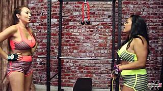 lesbian milf nyssa nevers big natural tits pussy licking dirty talk workout lingerie cunilingus clit dive