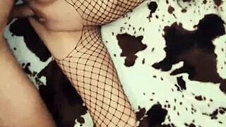 Fishnets hugging milf's curves scream for close-up anal pounding now!