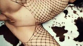 Fishnets hugging milf's curves scream for close-up anal pounding now!