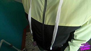 Wanna see this brunette neighbor give risky public staircase blowjob swallowing cum?