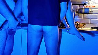 wife slurps two cocks under neon lights in hot mmf cuckold threesome