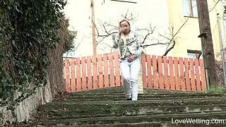 naomi nevena squats outdoors unleashing golden stream in public pissing display