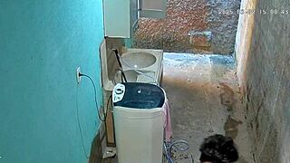 hidden camera catches busty stepmom bathing and flashing in backyard