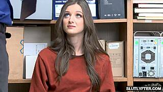 tattooed shop teen spreads pussy wide for deep office pounding